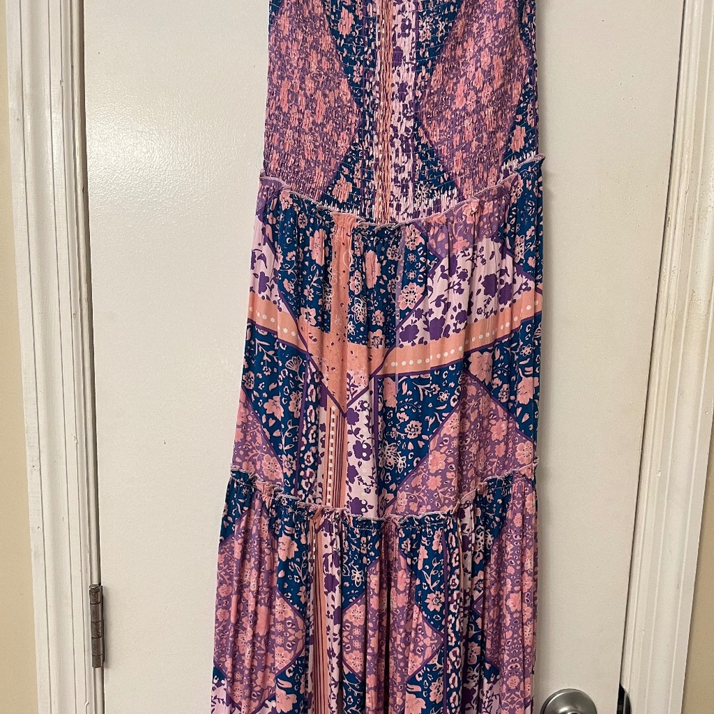 Pink and Blue Boho Maxi Strapless